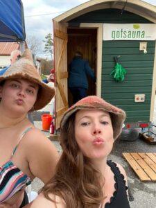 Girls enjoying portable sauna.